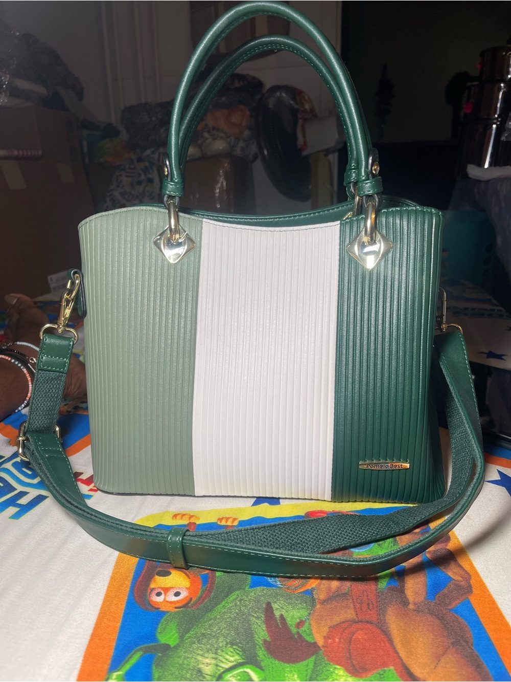Green and White Colorblock Satchel with Removable Strap